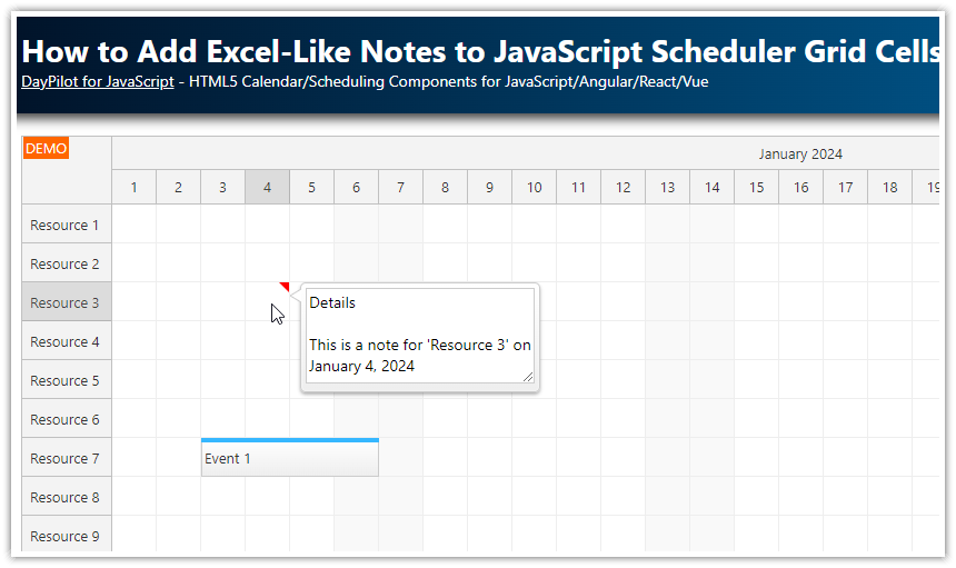 How to Add Excel Like Notes to JavaScript Scheduler Grid Cells